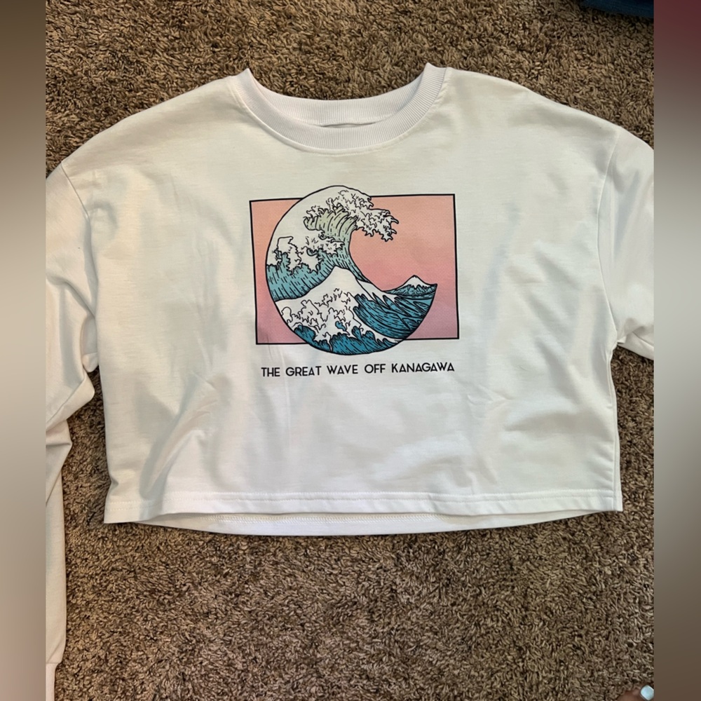 SHEIN White Long Sleeve Tee with Wave Graphic